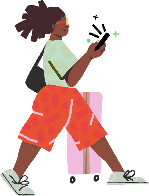 An illustration of a person walking while wheeling a suitcase, using their phone as they walk